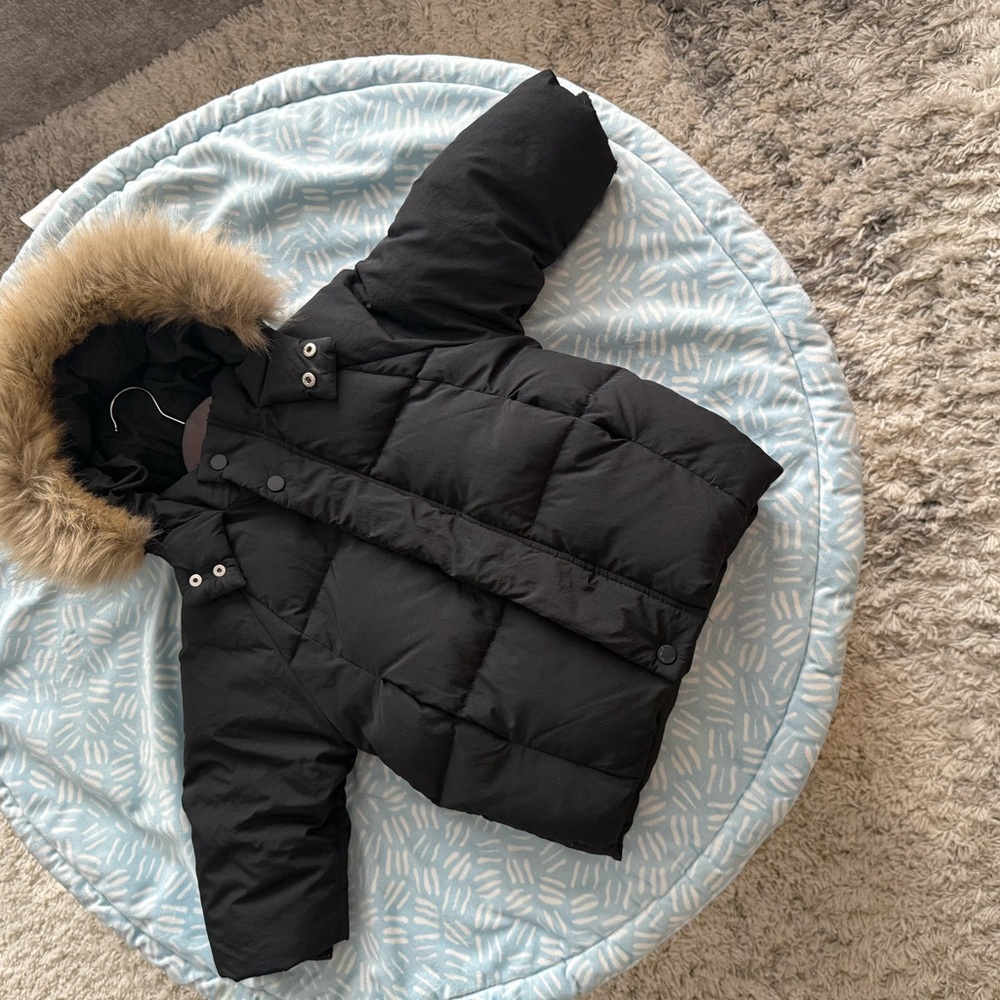 Zara 3T Black Puffer Jacket with Faux Fur Hood